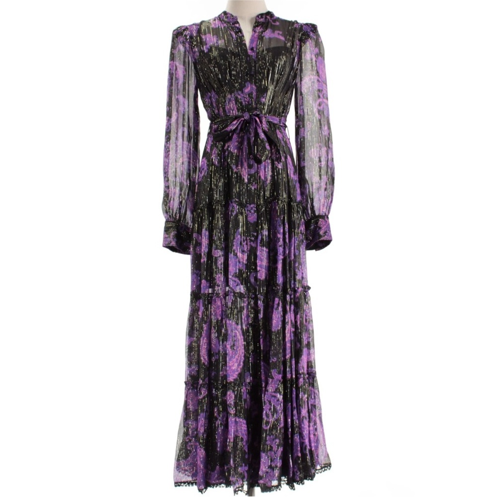 Hemant & Nandita Viha Semi Sheer Midi Dress Size M Black/Purple/Multi
